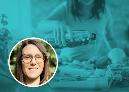 The background is an image of a women pouring oil in a pan, the foreground is a photo of Kristina Petersen.