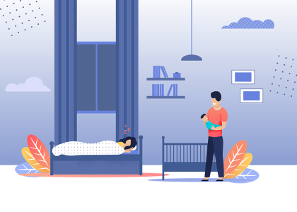 Illustration: A tired mom sleeps on a bed next to a happy father holding a child.