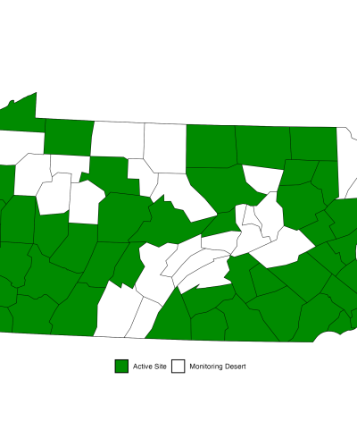 A map showing air-quality monitoring stations by county in Pennsylvania