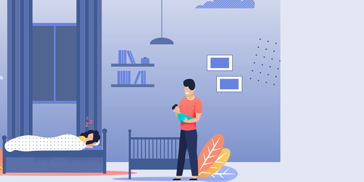 Illustration: A mother sleeping in bed while a father happily holds a baby